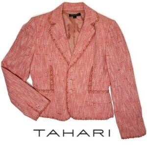 Tahari Pink Tweed Womens Blazer Jacket Size 6 decorative button front lace trim